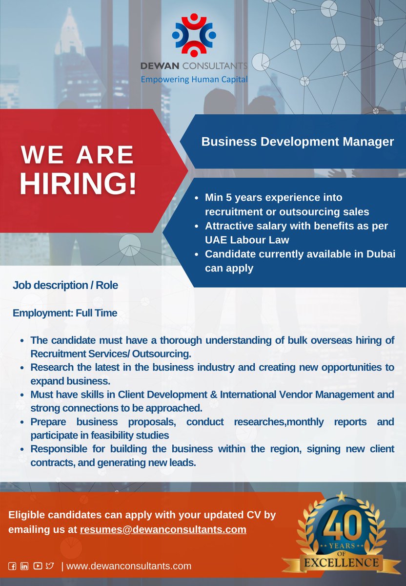DewanConsultant's tweet photo. Urgent requirement for Buisness Development Manager with experience in recruitment/outsourcing sales. 

Kindly email your resumes to resumes@dewanconsultants.com https://t.co/bq6BlzQybs