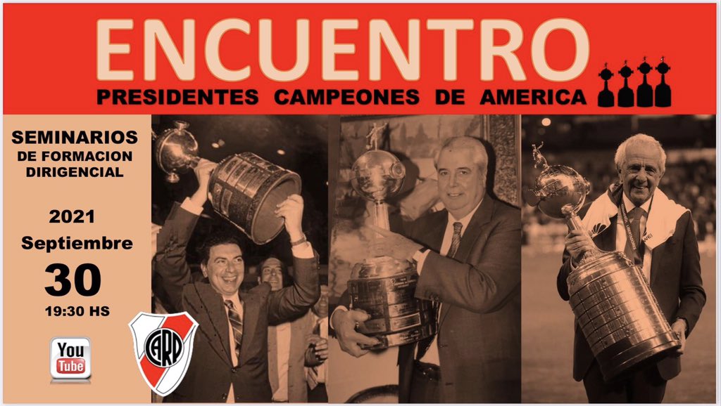 agrupcarp's tweet photo. Este jueves 30/9, desde las 19:30hs, organizamos el 1er encuentro de “Presidentes Campeones de América”.
El mismo será transmitido en vivo por YouTube, desde el SUM de nuestro club.
Los invitamos a todos a sumarse a esta jornada bien riverplatense. https://t.co/9mHU8zrw1b