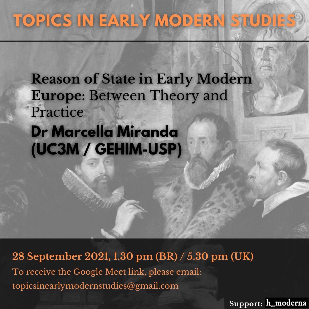 🤩TOMORROW🤩
There's still time to register for Marcella Miranda's talk on 'Reason of State in Early Modern Europe'. Email us at topicsinearlymodernstudies@gmail.com!
#iberianhistory #earlymodern #earlymodernists #history #historian #twitstorian #politicalthought #europeanhistory
