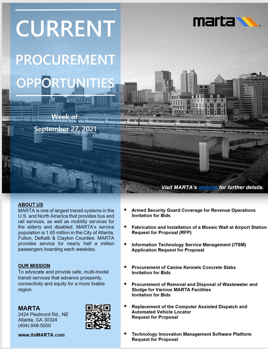 MARTA_Outreach's tweet photo. MARTA is Open for Business! If you're looking to expand your business, visit https://t.co/XMaPaDrzdp
#MARTAOpportunities #BidOpportunities #CurrentOpportunities #Bids #RFP #RequestforProposals #IFB #InvitationforBids #RFQ #RequestforQuotations #SupplierDiversity #openforbusiness https://t.co/bsN7RfirJg