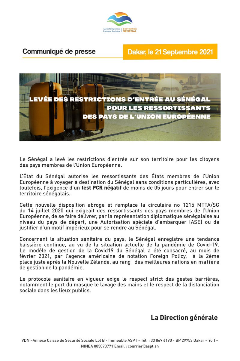 ATouristique's tweet photo. 🟢𝗖𝗢𝗠𝗠𝗨𝗡𝗜𝗤𝗨𝗘 𝗗𝗘 𝗣𝗥𝗘𝗦𝗦𝗘 : 

Levée des restrictions d'entrée au #Sénégal pour les ressortissants des pays de l'#UnionEuropéenne. 🟢

Le Sénégal a levé les restrictions d’entrée sur son territoire pour les citoyens des pays membres de l’Union Européenne. https://t.co/9nIXzHkLQB