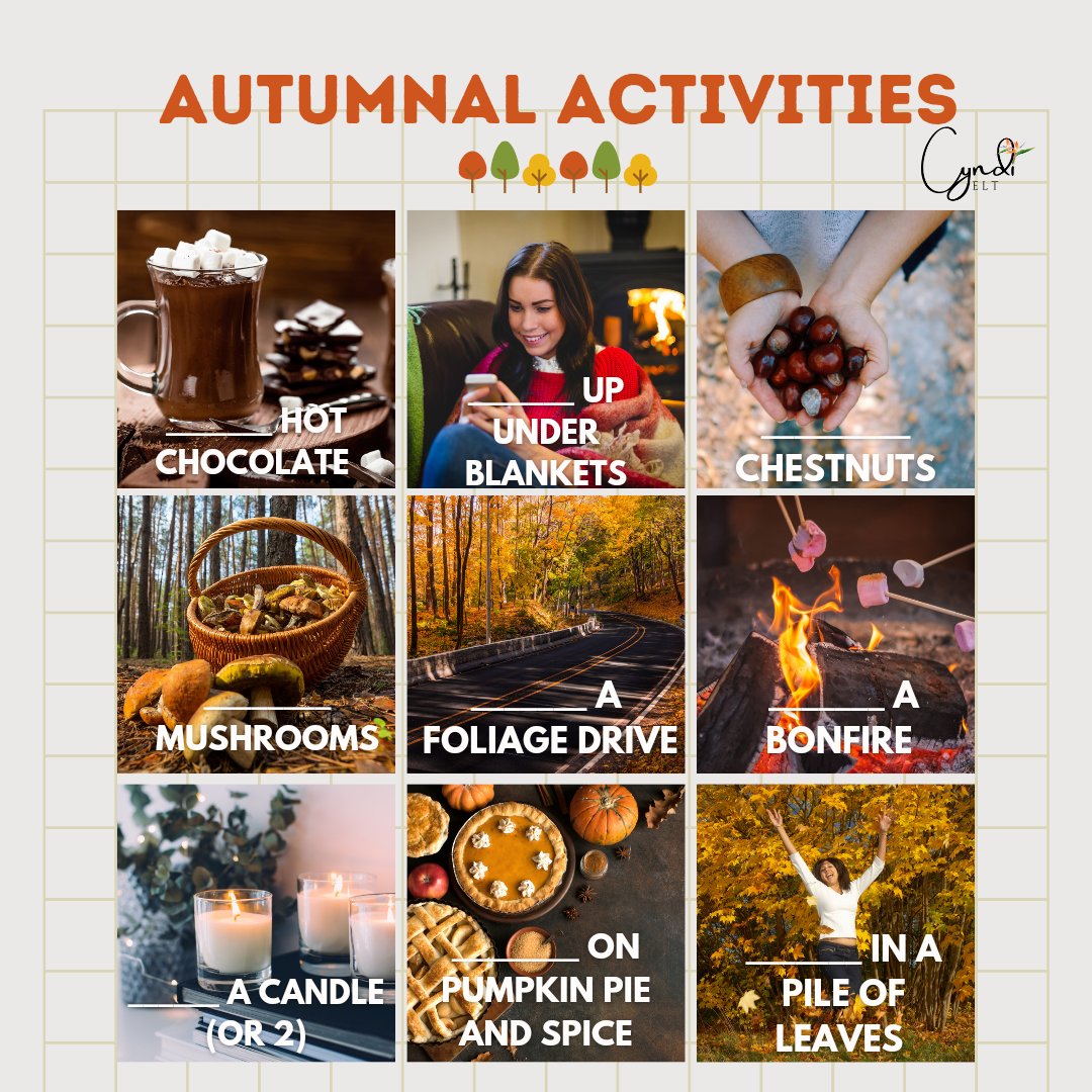CLobejon's tweet photo. Let's embrace the season and get ready to have some autumnal fun, shall we? 🍂

Let me know in the comments which verbs could be used to complete the gaps.

#autumn #autumnvocabulary #fall #fallvocabulary #autumnvibes🍁 #sweaterweather #pumpkinpie 

https://t.co/sr899hX8Rj https://t.co/0eJ7HslRse