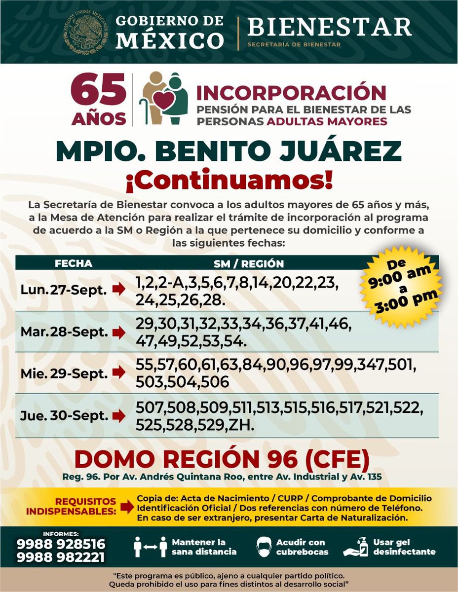 MaraLezama's tweet photo. La Secretaría de Bienestar convoca a los #AdultosMayores de 65 años y más del municipio de #BenitoJuárez, a realizar su trámite de incorporación para sus pensiones. (1/2) https://t.co/3ZDpNL1p7P