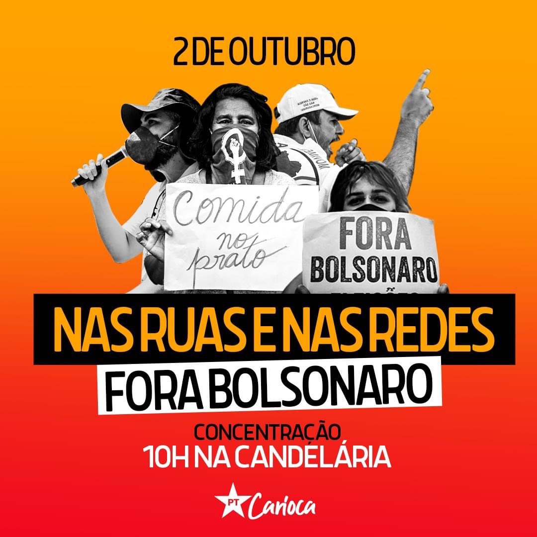 PTCarioca's tweet photo. Bom dia, povo carioca! Passando para lembrar do nosso ato do dia 2 de Outubro. Vamos ocupar as ruas novamente em defesa da democracia. ✊ #ForaBolsonaro https://t.co/NBZk6JqTum