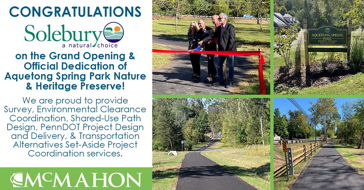 mcmahonassoc's tweet photo. Congrats Solebury Twp. on the opening of the Aquetong Spring Park Nature & Heritage Preserve! McMahon is proud to provide design services that created a shared use path in a restored park setting providing educational & recreational activities for all to enjoy. #mcmahonproject https://t.co/xJruAbHyrP