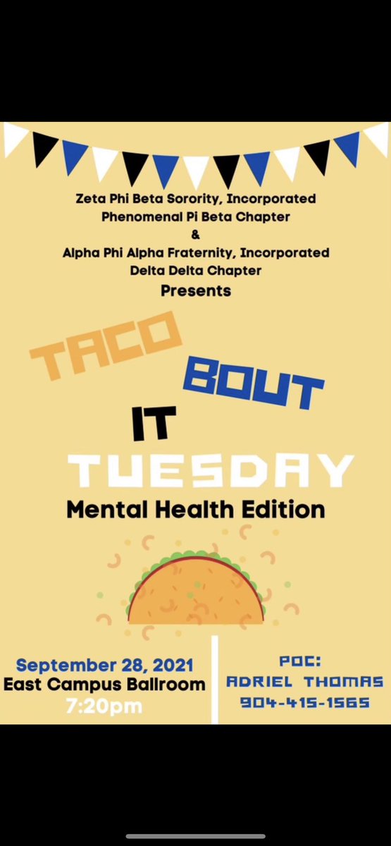 1906DeltaDelta's tweet photo. Mid-semester check in! Join the Alphas and Zetas as we TACO bout ways to boost our overall mental health. @PiBeta1920 
#ASUTwitter https://t.co/34rbCSyp9J