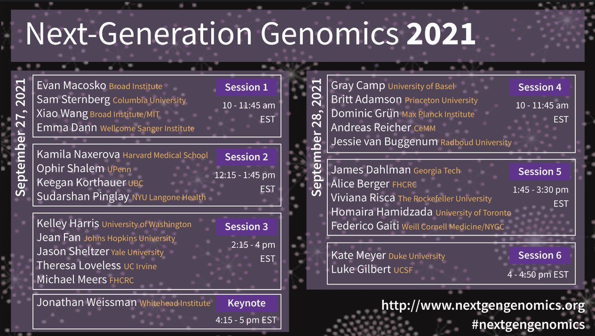 satijalab's tweet photo. Next-Generation Genomics is starting now! View talks on the virtual main stage at https://t.co/M6YufsIaFP, or view our Youtube livestream at https://t.co/Up26jNLjqc. All the speakers are junior scientists, so tweet your favorite talks/methods/discoveries using #nextgengenomics! https://t.co/KDVnlxKcyf