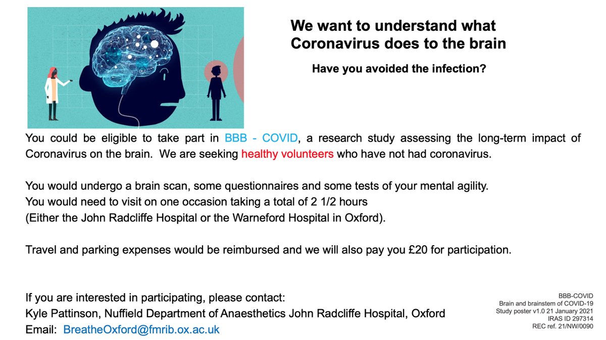 We want to understand what Coronavirus does to the brain. Have you avoided the infection?

We are seeking healthy volunteers for a brain imaging study.

For more information please see our website psych.ox.ac.uk/getinvolved/ky…