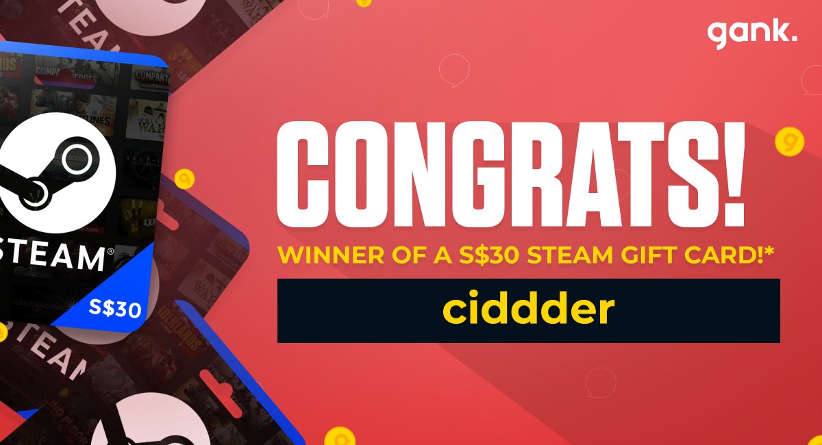 ganknow's tweet photo. Congratulations to the 3rd winner of the September Steam SG$30 gift card giveaway, ciddder!! 🥳
For the rest of September, we're giving away steam gift cards to new users who set up their profiles on Gank!
Download Gank now >>https://t.co/MfNcMEx77I
#GankNow #gamepal 😊 https://t.co/8xr4fb4lMy