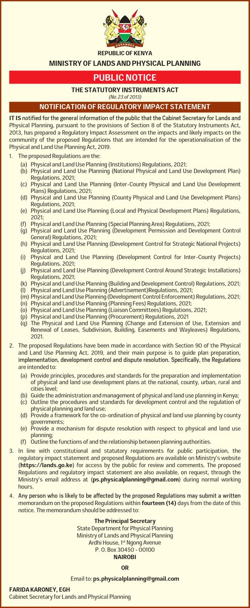 Lands_Kenya's tweet photo. PUBLIC NOTICE: The Regulatory Impact Assessment (RIA) and the proposed Regulations that are intended for the operationalisation of the Physical and Land Use Planning Act, 2019 can be downloaded from the link below: https://t.co/BxFJM6McQ3 https://t.co/qvhEJAMl0j