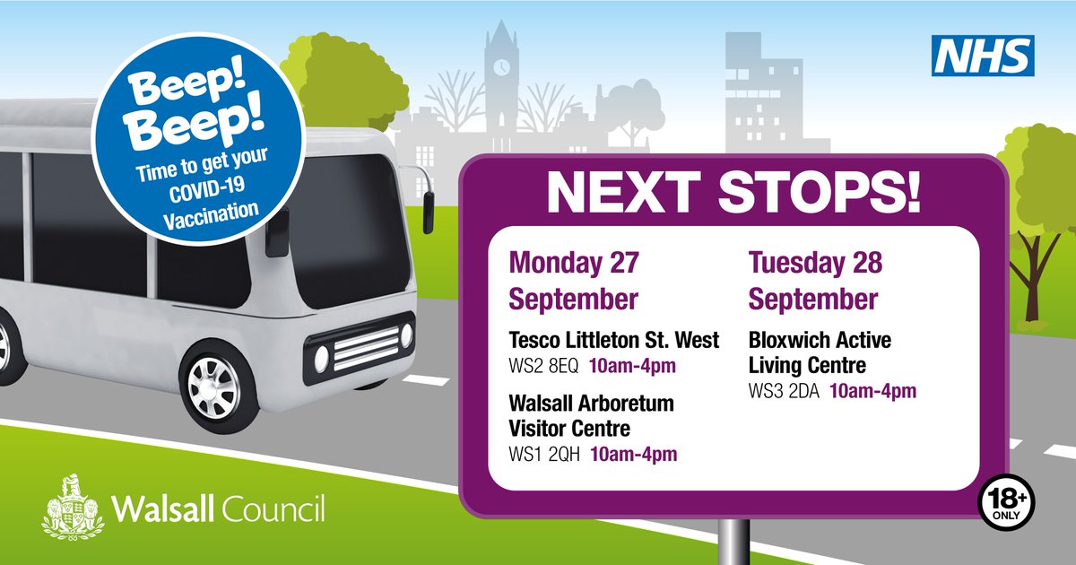 WalsallCouncil's tweet photo. Today (Mon 27 Sept) and tomorrow's vaccination bus locations

Grab a 1st/2nd Pfizer jab closer to where you live/work

Registered, consented and vaccinated in under 30 minutes!

(Pls note, booster vaccinations and jabs to under 18s are not available via the buses) https://t.co/POoDPUptuu