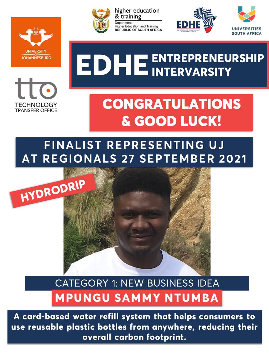 go2uj's tweet photo. Good luck Sammy and Dieu-Vie at the EDHE Entrepreneurship Intervarsity Regionals! Join the UJ Technology Transfer Office at 12:00 as we support our studentpreneurs. Event streamed live on Facebook #UJTTO #EDHEIntervarsity2021
https://t.co/fILcEzqkpB https://t.co/vmpFQVgHhD