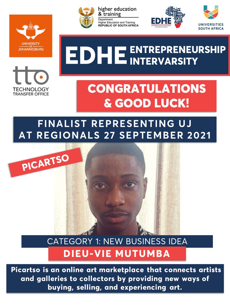 go2uj's tweet photo. Good luck Sammy and Dieu-Vie at the EDHE Entrepreneurship Intervarsity Regionals! Join the UJ Technology Transfer Office at 12:00 as we support our studentpreneurs. Event streamed live on Facebook #UJTTO #EDHEIntervarsity2021
https://t.co/fILcEzqkpB https://t.co/vmpFQVgHhD