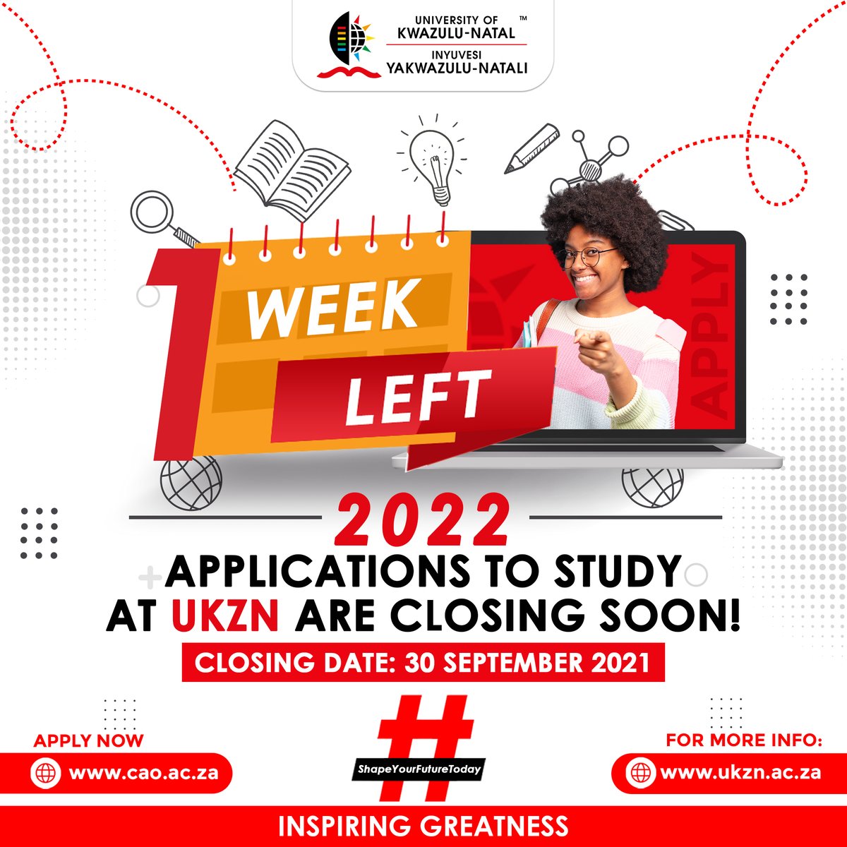 study_ukzn's tweet photo. Only 1 week left to make your dreams become a reality and only you can. #inpiringgreatness #education @DBE_SA @DBE_KZN  @MshenguKwazi @ReginahMhaule https://t.co/Q5paBzErrm