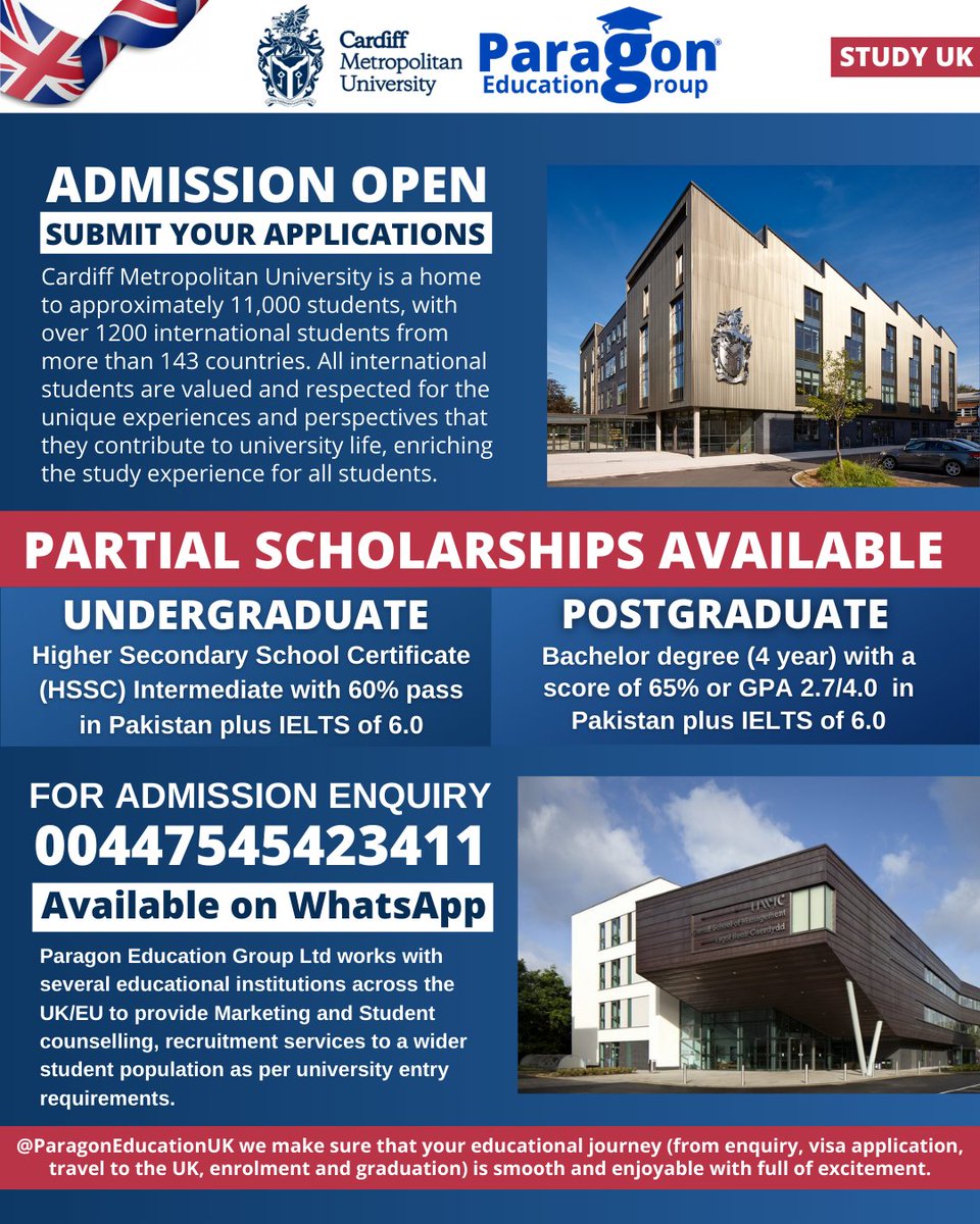 ParagonEduUK's tweet photo. T​he 𝗖𝗮𝗿𝗱𝗶𝗳𝗳 𝗠𝗲𝘁𝗿𝗼𝗽𝗼𝗹𝗶𝘁𝗮𝗻 𝗨𝗻𝗶𝘃𝗲𝗿𝘀𝗶𝘁𝘆 welcomes applications from students with qualifications from a wide range of academic backgrounds and those with relevant work experience. To secure your #admission connect on WhatsApp and get quote. https://t.co/ZDOXIRMVjn