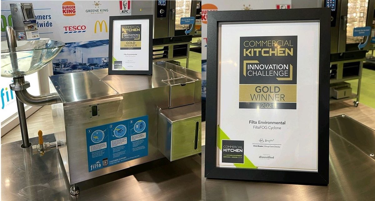 FiltafryDE's tweet photo. „Innovation Challenge Gold Award“ anlässlich der Commercial Kitchen Show (GB) für unseren #Fettabscheider #FiltaFOG Cyclone mit der höchsten Fett-/Öl-Rückgewinnungsrate, die Fettabscheider derzeit bieten. 
#Nachhaltigkeit #Kreislaufsystem #Filta #Öl #Fett #Abwasser https://t.co/A05fPYAvjc