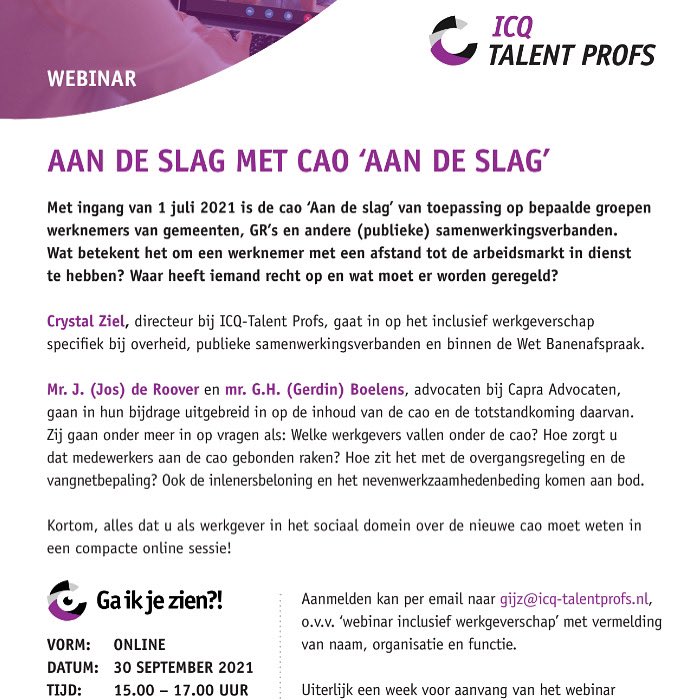 Werk je bij een #gemeente, gemeenschappelijke regeling of als uitvoerder in het publieke domein?
Meld je dan snel aan voor de #webinar over de nieuwe #cao #aandeslag op 3-9! #inclusie #sociaaldomein #juridisch #gr #publiekdomein #doen