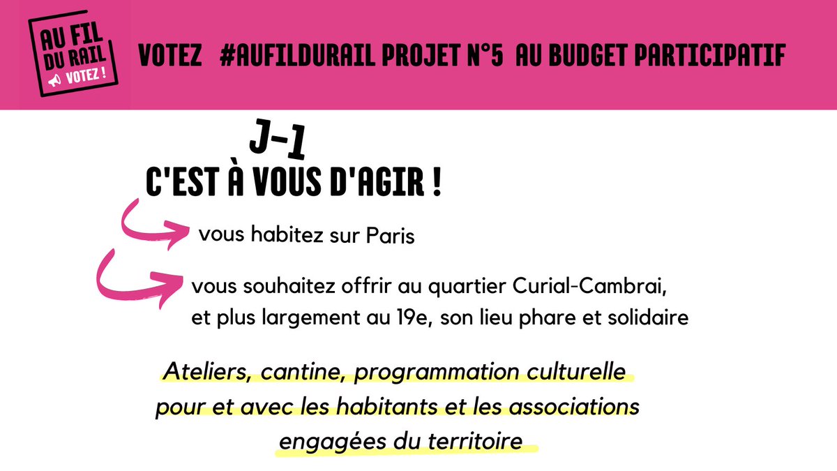 🔔C'est la dernière ligne droite🔔Plus que quelques heures pour nous soutenir au #BudgetParticipatif💪On compte sur vous !
🗳Pour voter : rendez-vous en ligne bit.ly/voteBudgetPart ou dans les urnes du quartier à <a href="/AssoEspace19/">Espace 19</a> <a href="/CentreRosaParks/">Centre Rosa-Parks</a> <a href="/Paris19e/">Mairie du 19e</a> etc.