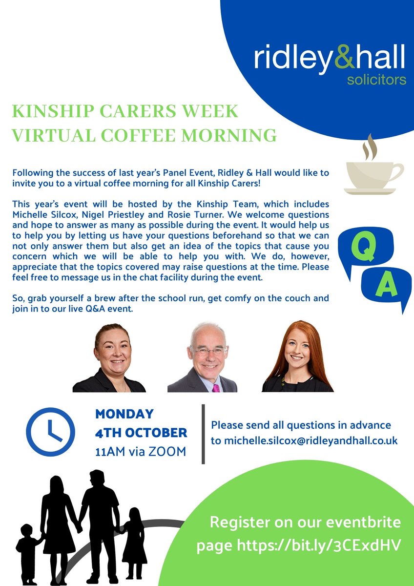 Following the success of last year’s event, we would like to invite you to a virtual coffee morning for all #KinshipCarers. Please send all questions in advance to michelle.silcox@ridleyandhall.co.uk and register on our eventbrite page: bit.ly/3CExdHV #KinshipCarersWeek