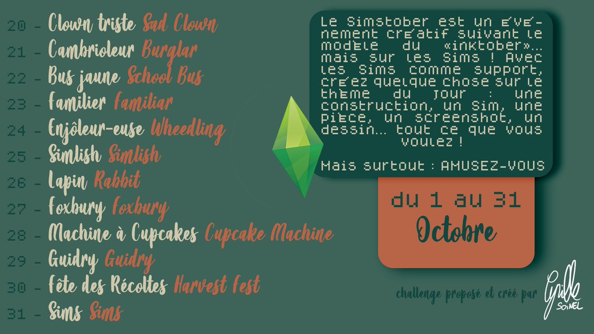 CSoinel's tweet photo. SIMSTOBER 💫 Kézako ? C'est un événement créatif sur les Sims, un peu comme le #inktober ! Chaque jour un thème différent, à partir duquel vous créez quelque chose en rapport avec les #Sims4  ! Construction, Sim, screen, dessin... à partager sur le #simstober ! A vous de jouer ✨ https://t.co/H5B5Unr3QF