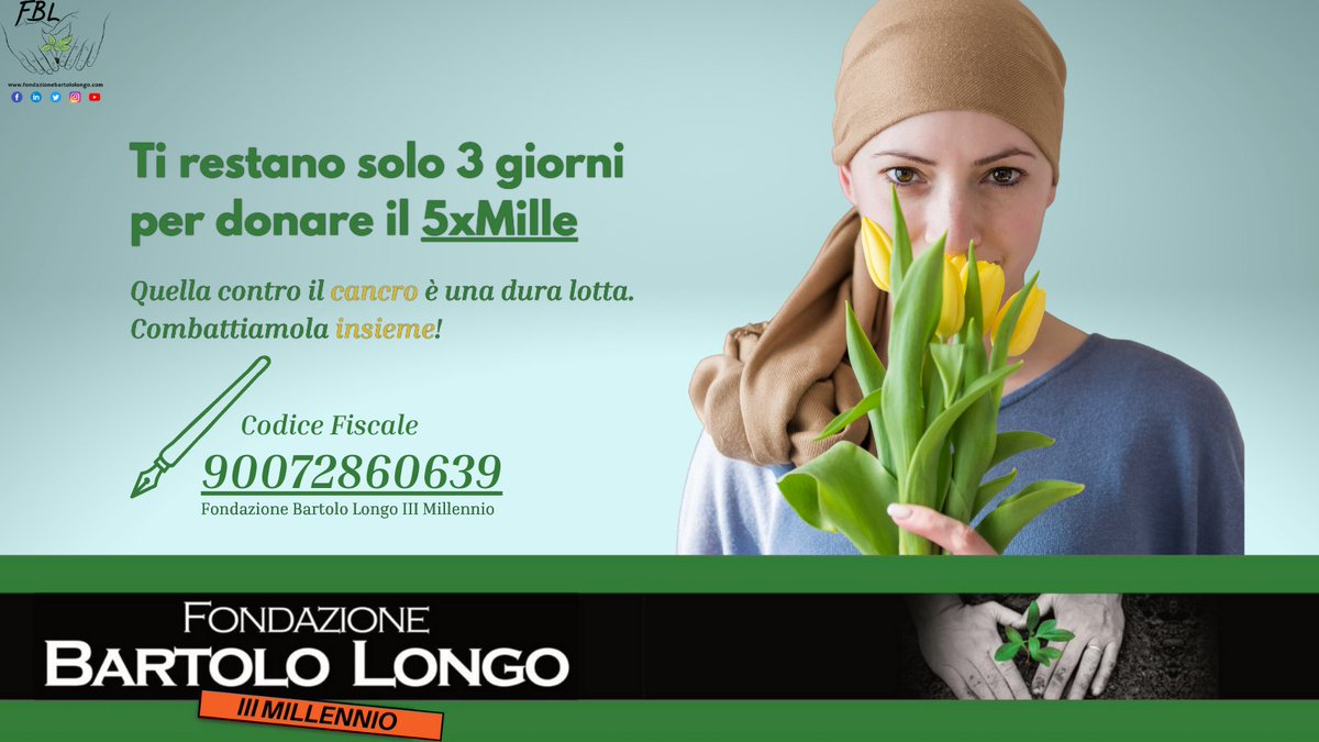 FBLongo's tweet photo. Hai solo 3 giorni di tempo per scegliere di destinare il tuo #5xMille all’assistenza per i pazienti oncologici.​

Quella contro il #cancro è una battaglia dura e senza esclusione di colpi. Con una sola firma puoi stare dalla nostra e, soprattutto, dalla LORO parte. https://t.co/Z8Dmp1T2Kx