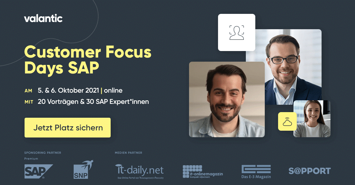 valantic_DSA's tweet photo. Customer Focus Days SAP: 2 Tage, 20 Expert Talks &amp; Deep Dives, 30 Expert*innen 🚀 Am 05. &amp; 06. Oktober 2021 ist es soweit. Unter anderem berichten Bardusch und Bizerba von ihren #SAP Projekten. Hier jetzt schon einen Platz sichern: https://t.co/D55k8DjFTM #CFDSAP21 #sapevent #cx https://t.co/XQh2hrwg7E