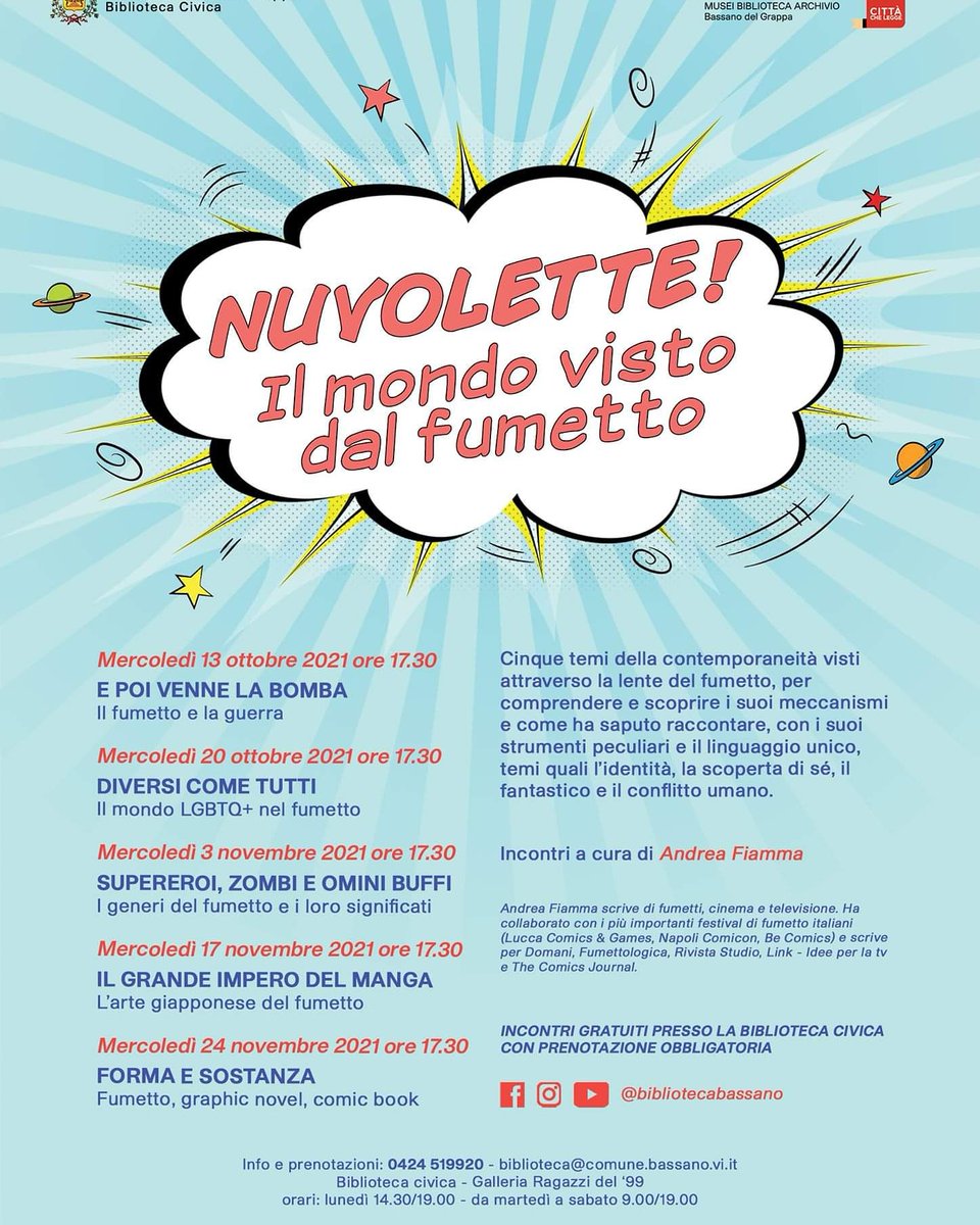 circolotondelli's tweet photo. #Bassano #Cultura 🏳️‍🌈 Nuvolette! Il mondo (anche LGBTQ+) visto dal fumetto.

Dal 13 ottobre al 24 novembre la Biblioteca ospiterà una serie di incontri dedicati al mondo del fumetto. 

➡️Mercoledì 20 ottobre | ore 17.30
➡️DIVERSI COME TUTTI. Il mondo LGBTQ+ nel fumetto https://t.co/aGwFbiaxhf