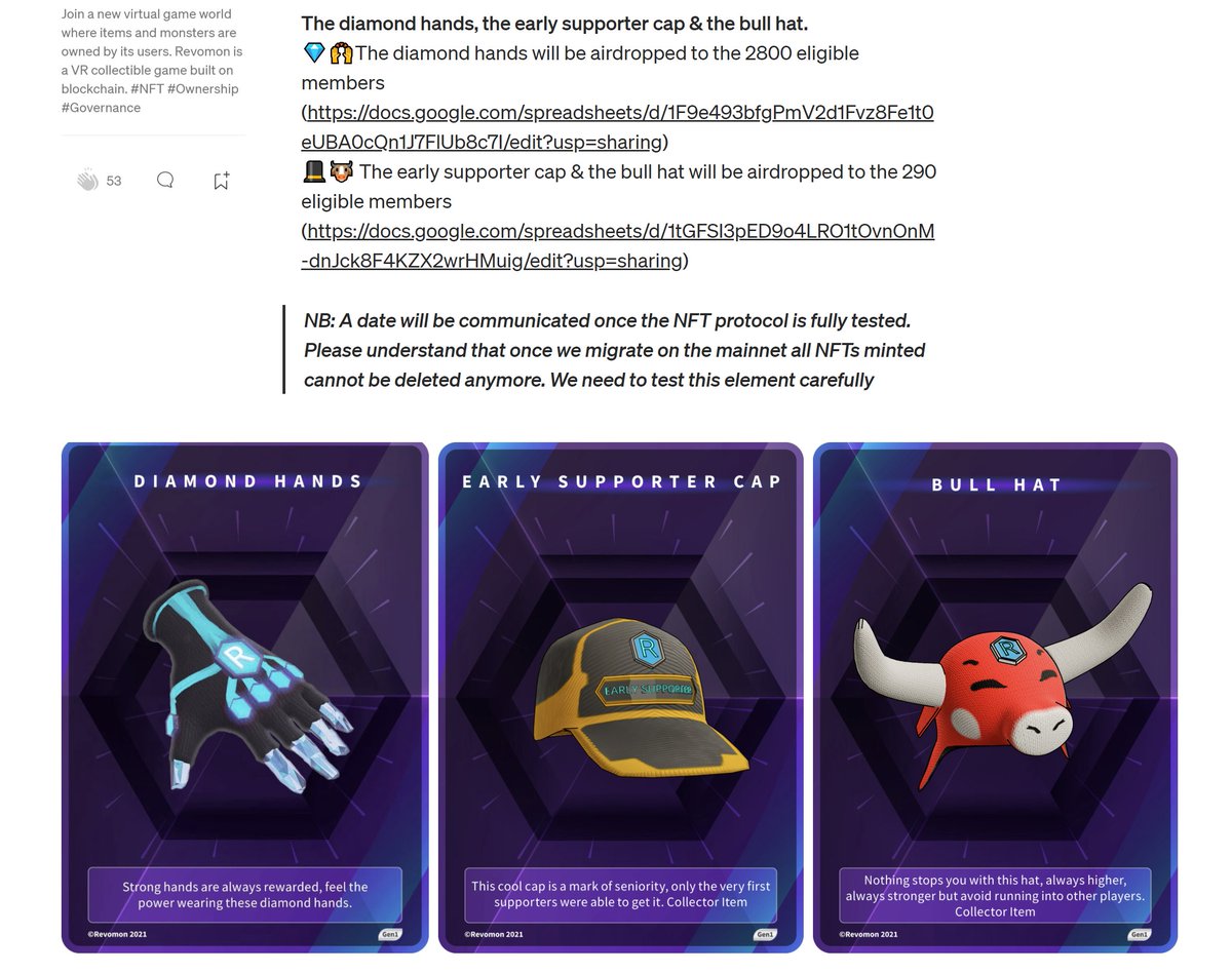 RevomonVR's tweet photo. Soon #DiamondHands 💎🙌
Early supporter Cap &amp; Bull Hat will be airdropped to our first investors. Thank you for your patience.

These are collector items and it won't be possible to mint it anymore. #NFT #NFTs #Revomon https://t.co/f1u07Z2e8g