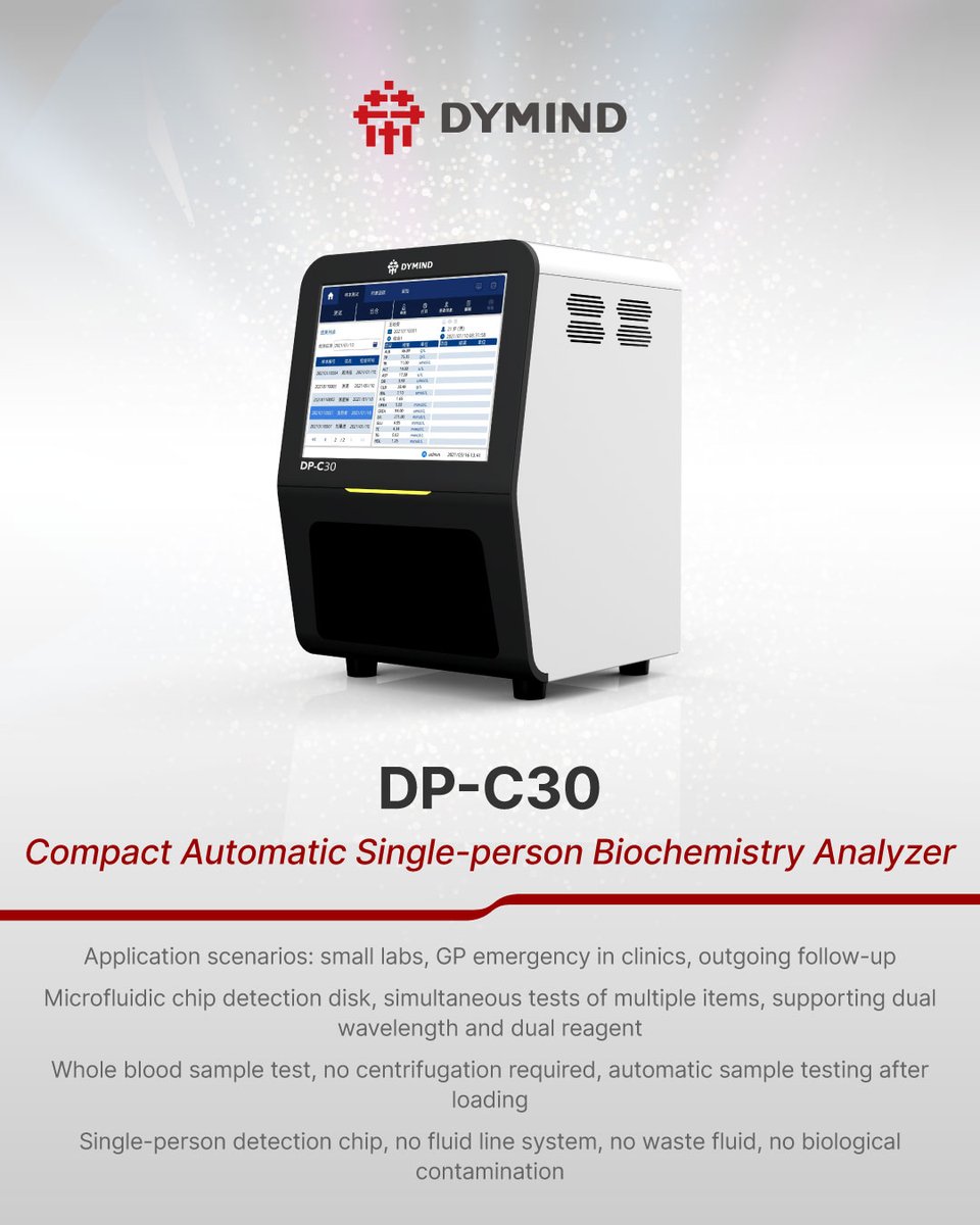 DymindBiotech's tweet image. 🔥DP-C30
Compact Automatic POCT Single-person Biochemistry Analyzer
#dymind #biochemistryanalyzer #IVD #POCT