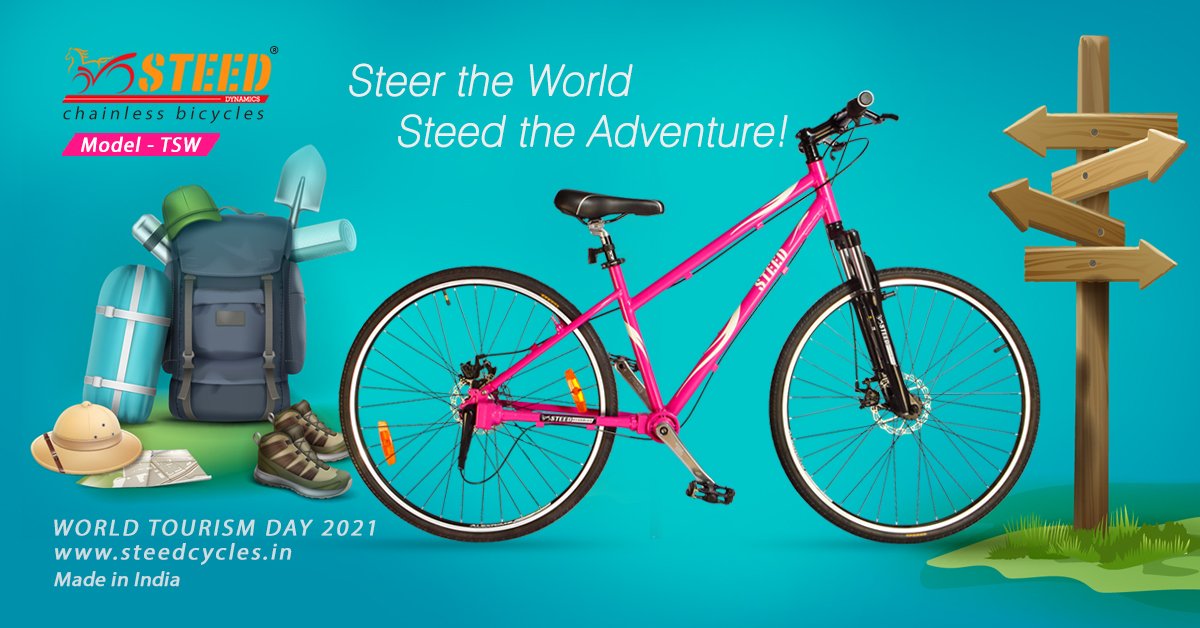 SteedChainless's tweet photo. Steed Chainless Bicycles, the first and only chainless bicycles in India, observes World Tourism Day, now available through our dealers in 74+ locations across India.

For more information, visit https://t.co/hG6uc65mqQ
#steedchainlessbicycles, #cyclingindia, #worldtourismday https://t.co/gSaAalq1HH