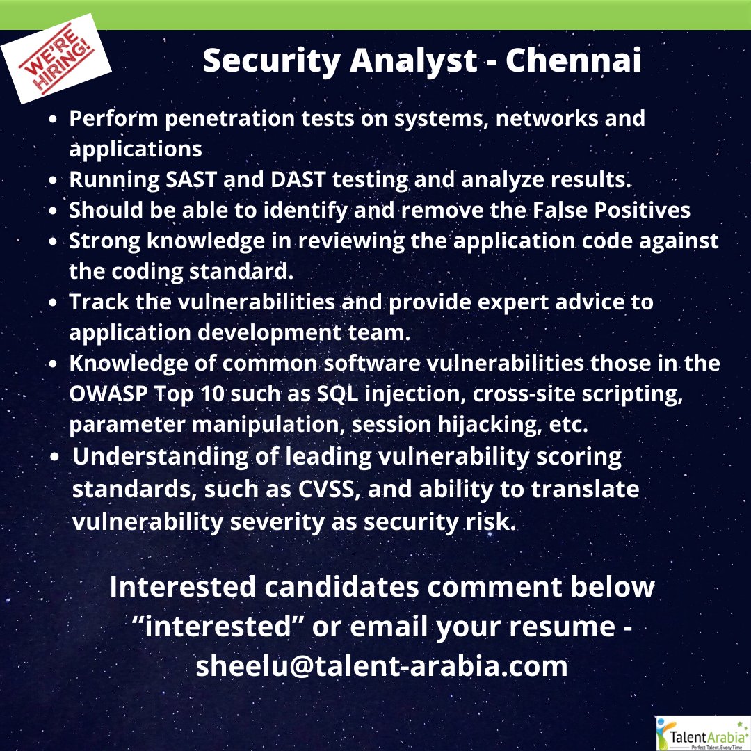 TalentArabia's tweet photo. #immediatehiring for Security Analyst with our client in Chennai, India

Please share resume https://t.co/sBgbQCWocs
OR sheelu@talent-arabia.com

#talentarabia #perfecttalenteverytime #securityanalyst #sast #networkapplication #dast #vulnerability #owasptop10 #sqlinjection #cvss https://t.co/26NSiFOdOd