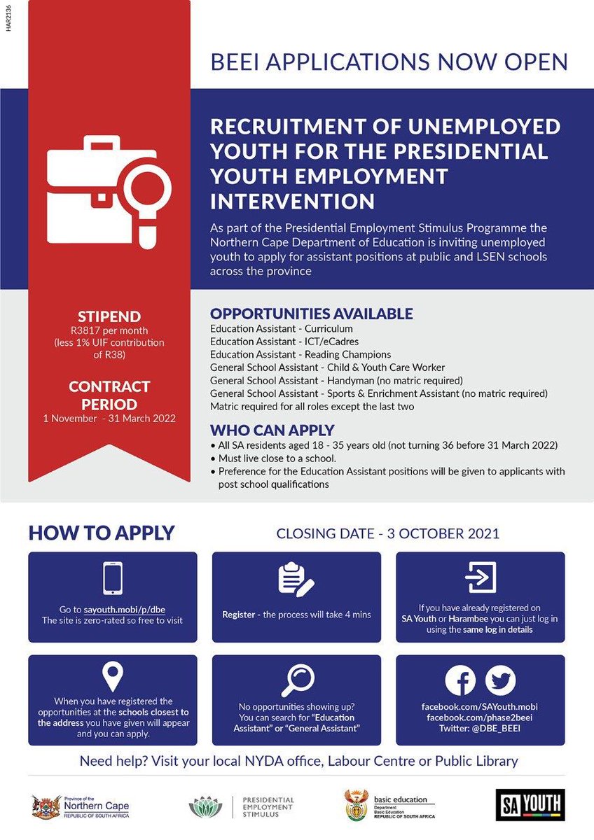 NYDARSA's tweet photo. As part of the Presidential Employment Stimulus Programme, the Department of Education is inviting unemployed youth to apply for assistant positions at public and LSEN schools across all provinces.

HOW TO APPLY
• Go to https://t.co/LA4Db9ykSX

Closing date: 3 October 2021 https://t.co/nJPKFSmHfw