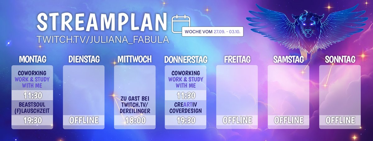 Juliana_Fabula's tweet photo. Zeit für einen neuen Streamplan! Es gibt wieder Coworking! Wir sagen mit Spiel & Spaß unseren To-Dos den Kampf an! Bei @DerEilinger bin ich für einen tollen Talk zu Gast und es wird wieder aus #BeastSoul gelesen und Cover gestaltet! Wird super <3 https://t.co/o6NmP69cTi