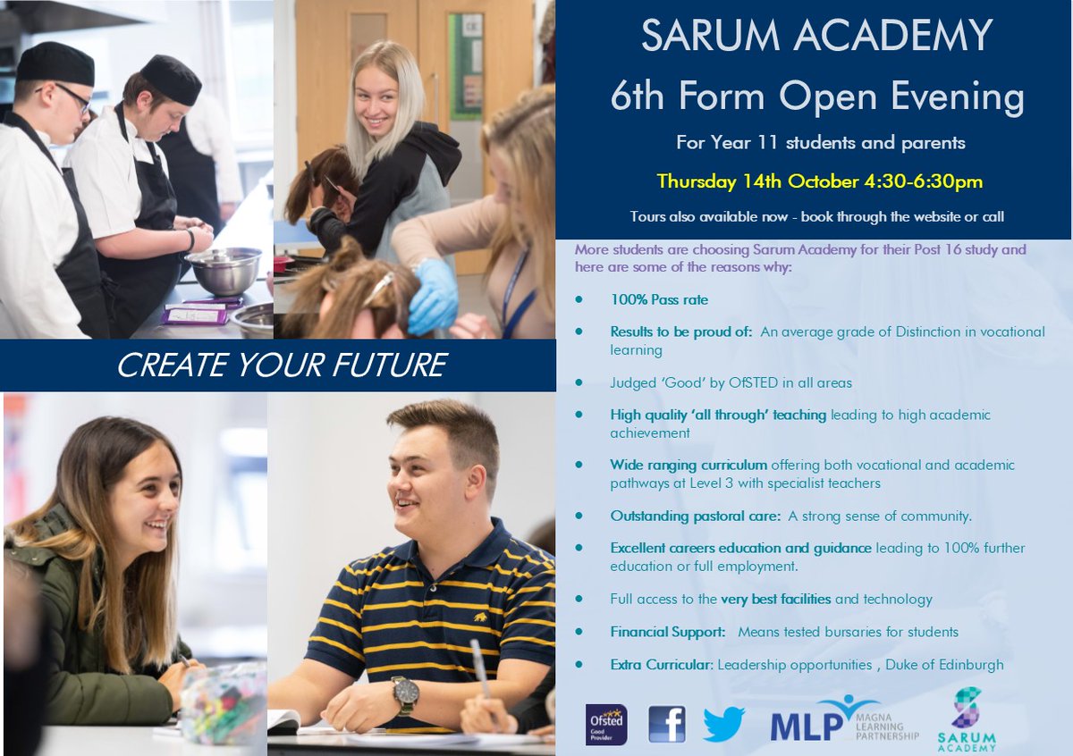 Sarum_SF's tweet photo. Sarum Academy Open Evening
Thursday 14th October at 4:30 to 6:30pm.

Come and Create your future https://t.co/fktIDLTV8C