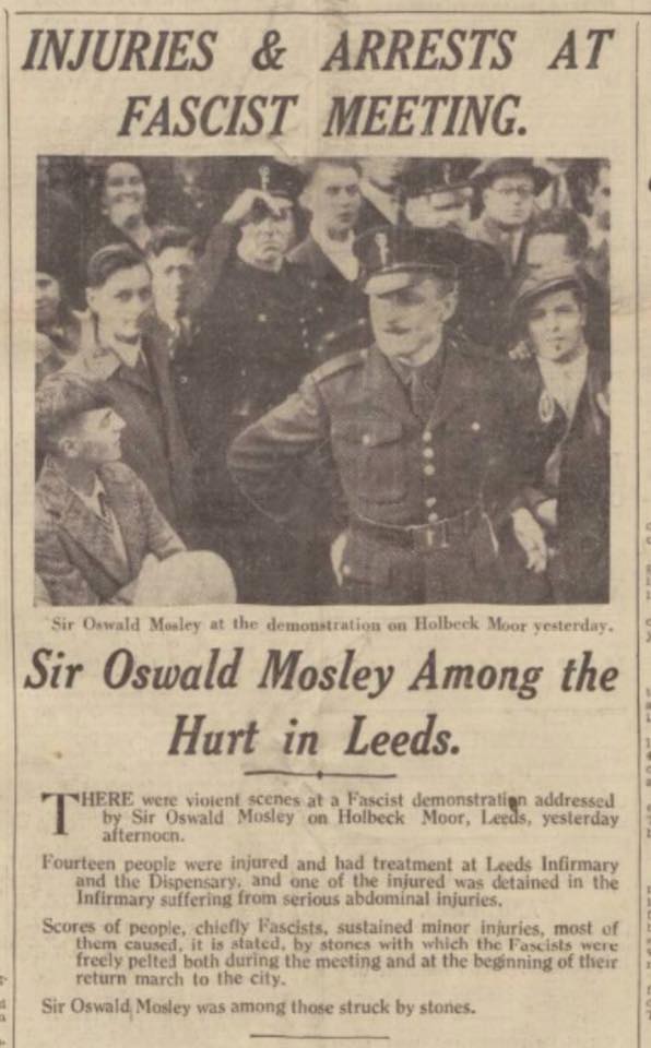 wrkclasshistory's tweet image. #OtD 27 Sep 1936 1,000 uniformed fascist Blackshirts led by Oswald Mosley in Leeds, UK were confronted by 30,000 anti-fascist locals who attacked them, pelted them with stones, hitting Mosley, and drowned out speeches by singing The Red Flag.