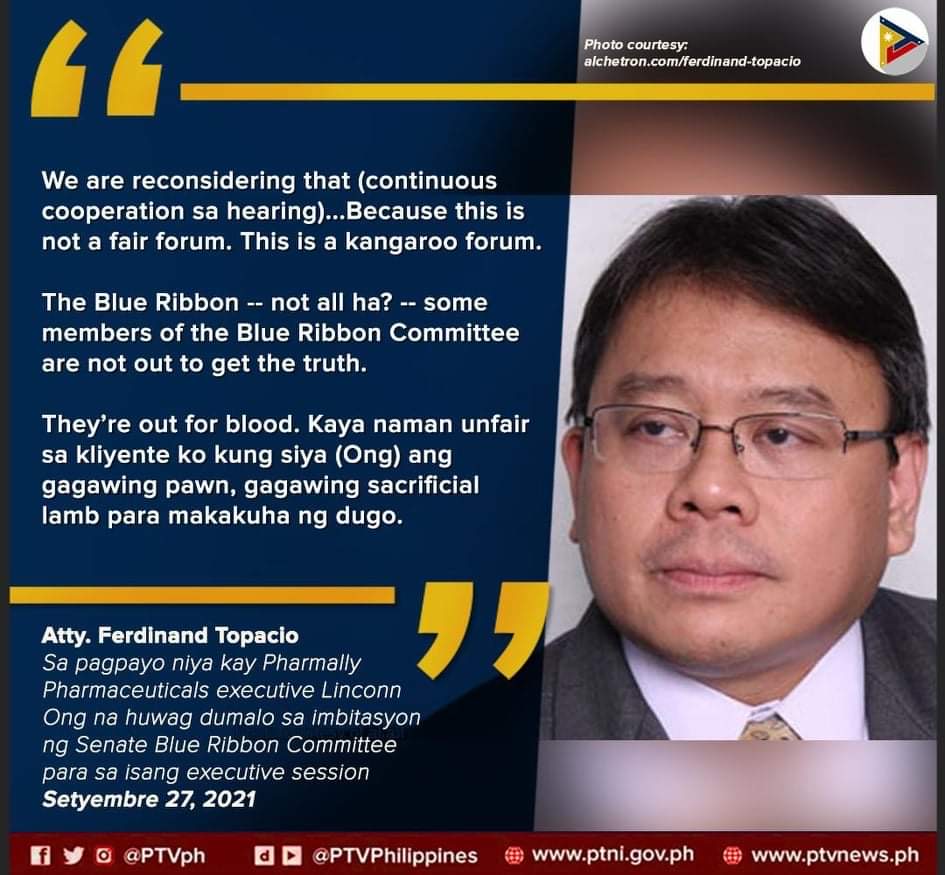 PTVph's tweet photo. BASAHIN:

Ayon kay Atty. Ferdinand Topacio, abogado ni Pharmally Pharmaceutical executive Linconn Ong, pinayuhan niya ang kanyang kliyente na huwag nang dumalo sa executive session ng Senate Blue Ribbon Committee dahil aniya ito ay maituturing na kangaroo forum at hindi patas. https://t.co/xzawY5vurM