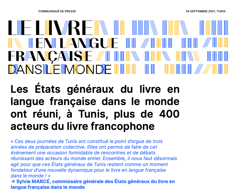 🔊Les <a href="/EG_LLF/">Etats généraux du Livre en Langue Française</a> dans le monde se sont tenus les 23 et 24 septembre à Tunis➡️Retrouvez le communiqué de presse et les 10 propositions concrètes prioritaires pour engager une nouvelle dynamique du livre en langue française dans le monde : bit.ly/3uhbB1e