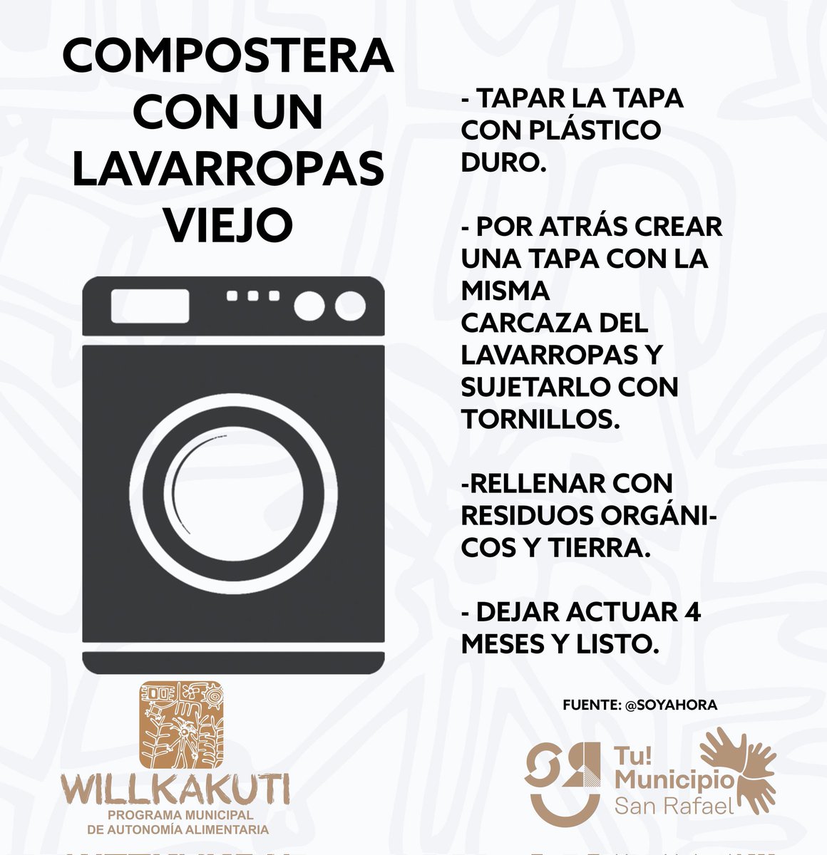 WillkakutiSR's tweet image. #buenlunes #Willkakuti🌞 a través de @soyahora_ recomienda hacer una #compostera con un #lavarropas sin uso.
#programadeautonomiaalimentaria
#plandeemergenciaalimentaria 
#tumunicipio