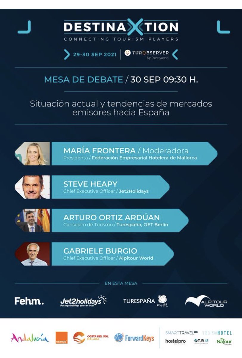 fehmallorca's tweet photo. Nos vemos en #DestinaXtion #Turobserver !

🎙“Situación actual y tendencias de los mercados emisores hacia España“
🇩🇪🇬🇧🇮🇹

✅ 30 Sep 2021, 9:30
✅ Inscripciones y seguimiento 👉https://t.co/uxG95ugc7C

#Tendenciasdemercados  
#Turobserver https://t.co/3dInnHgIpS