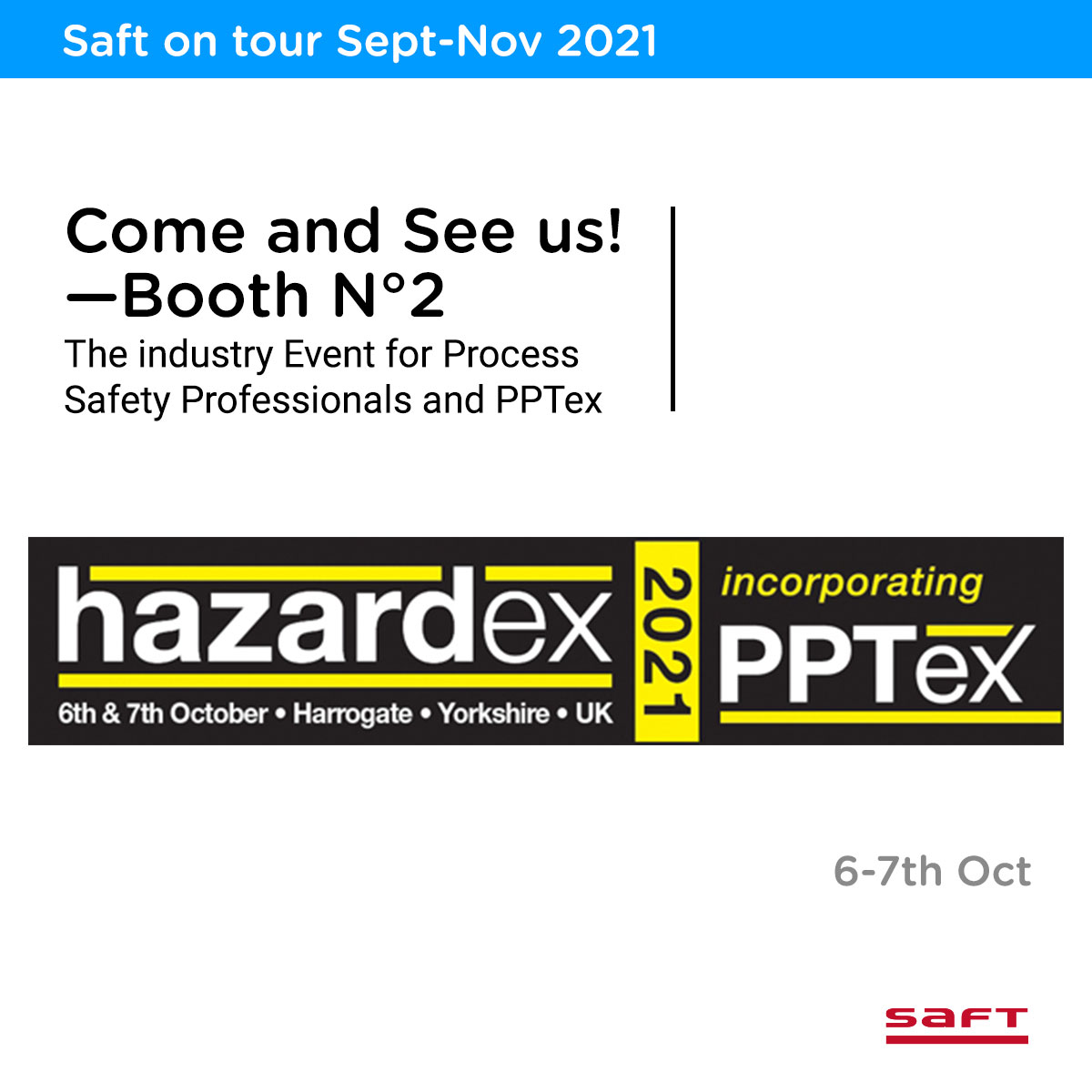 Saft_batteries's tweet photo. We will be at #HazardEx on Oct 6 &amp; 7, the industry event for process #safety professionals and #PPTex (Personnel Protection Technologies). 
Get your ticket and find out more about the event: https://t.co/VlaexZzWm6 https://t.co/wmCqbBgHvl
