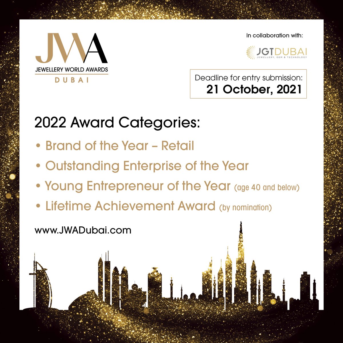 JWAwards's tweet photo. 🏆JWA Dubai: Award Categories🏆

JWA Dubai is inaugurated with four categories, while three of them are open for entries from now until 21 Oct 2021, Thursday.

Act now and submit your entries through https://t.co/YpNa6JNf7V,  and view the judging criteria on our website. 🔗 https://t.co/2PAoRP0k4q