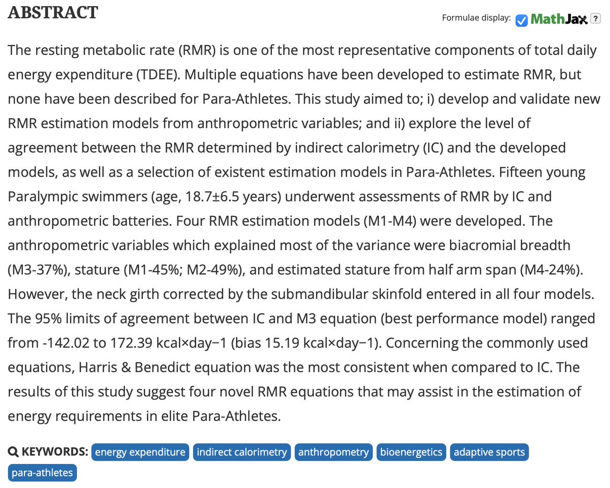 JSportsSci's tweet photo. 🚨NEW PAPER ONLINE🚨

🏋🏻‍♀️Section: Sports performance

🏊🏻‍♂️Development of alternatives to estimate resting metabolic rate from anthropometric variables in paralympic swimmers by Herrera-Amante et al.

https://t.co/TLnKxsiMHZ https://t.co/X2gHjD9s2A