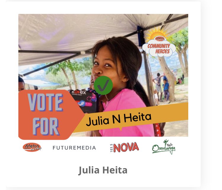JuliaHeita1's tweet image. Hi Julle, kindly follow the link below to vote for me 🙏🏾🥺

Kindly follow the link futuremedia.com.na/metro-communit…

Kindly also retweet please🙏🏾❤️