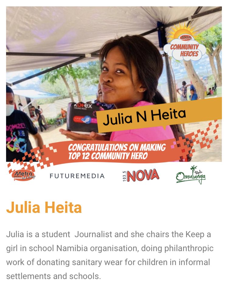 JuliaHeita1's tweet image. Hi Julle, kindly follow the link below to vote for me 🙏🏾🥺

Kindly follow the link futuremedia.com.na/metro-communit…

Kindly also retweet please🙏🏾❤️