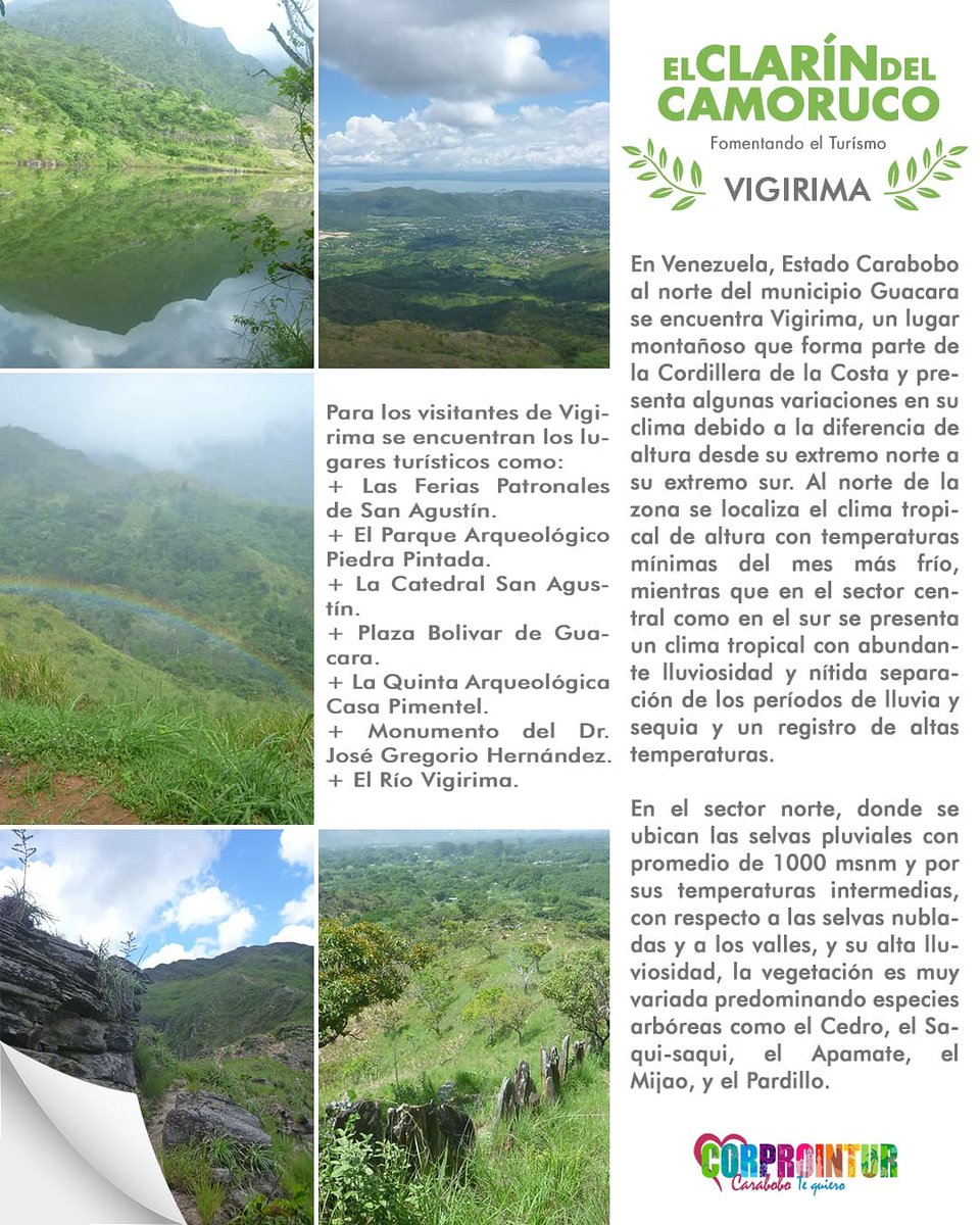 corprointur10's tweet photo. El Clarín del Camoruco
Nuestra #Edicion1 celebramos el Día Mundial del Turismo donde reseñamos en el Municipio Guacara a #Vigirima
.
.
@rafaellacava10
@StranieriStefan
@luchaalmada
@Alipadron6
@MinturVen
@inaturvzla
.
#venacarabobo
#vigirima
#turismo https://t.co/ezbTi30P8i