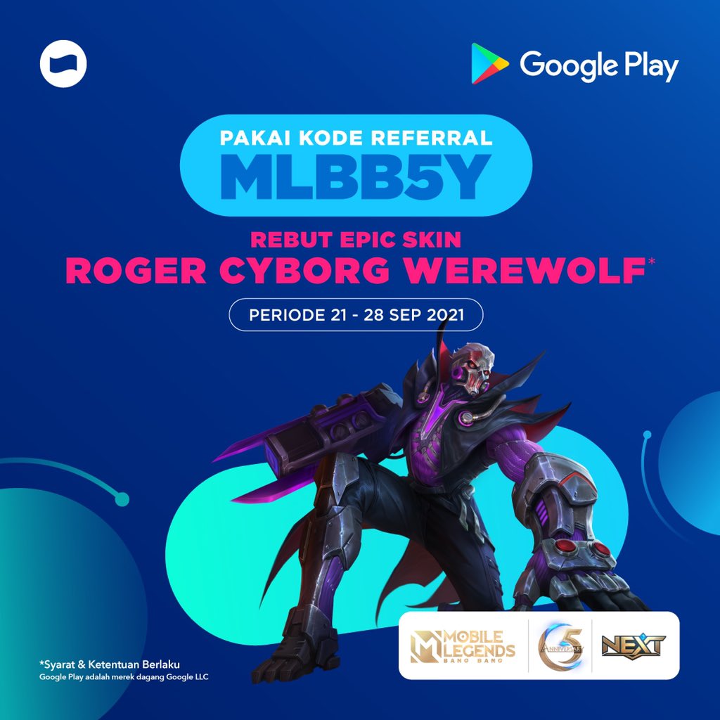 danawallet's tweet photo. Ayo gaes, diperpanjang nih periodenya 21 - 28 Sep 2021. Khusus pengguna baru! Masukkan kode referral 'MLBB5Y' ke DANA dan beli Voucher Google Play untuk rebut Epic Skin Roger Cyborg Werewolf, woohoo! @realmobilelegendsid
'#MLBBNEXT #MLBB5thAnniversary #MobileLegends https://t.co/pL295iJYSe