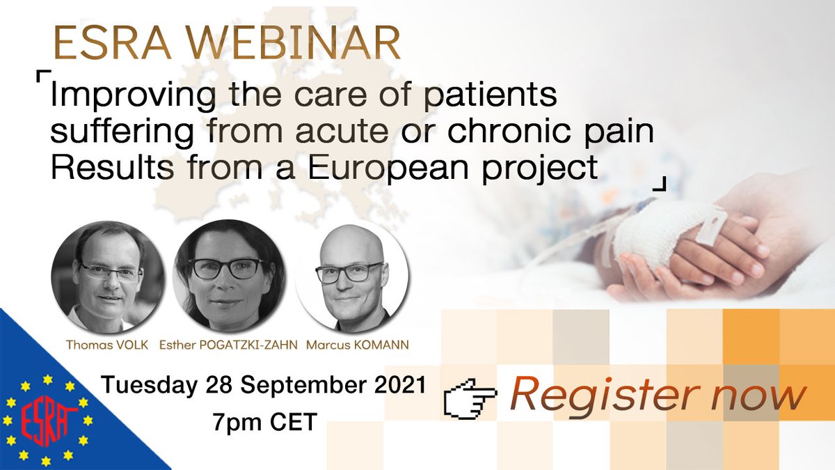 ESRA_Society's tweet photo. Don't forget to join tomorrow our next #ESRAwebinar
[Improving the care of patients suffering from acute or chronic pain]
👉 https://t.co/vSIMHVuqF3
🗓 Tues 28 Sep 7pm CET
✅ Free live session / 1 CME point
👥 Chaired by @ThomasVolk16, with Esther Pogatzki-Zahn &amp; Marcus Komann https://t.co/xFEep8UCAo