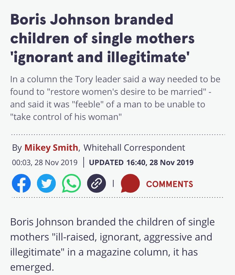 AngelaRayner's tweet photo. Boris Johnson also called the children of single mothers 'ignorant and illegitimate'.

According to @BorisJohnson, when I was a young single mum I should have been pushed into ‘destitution on a Victorian scale’. So you can apologise for those comments as well Prime Minister. https://t.co/RyXKxKP5hD