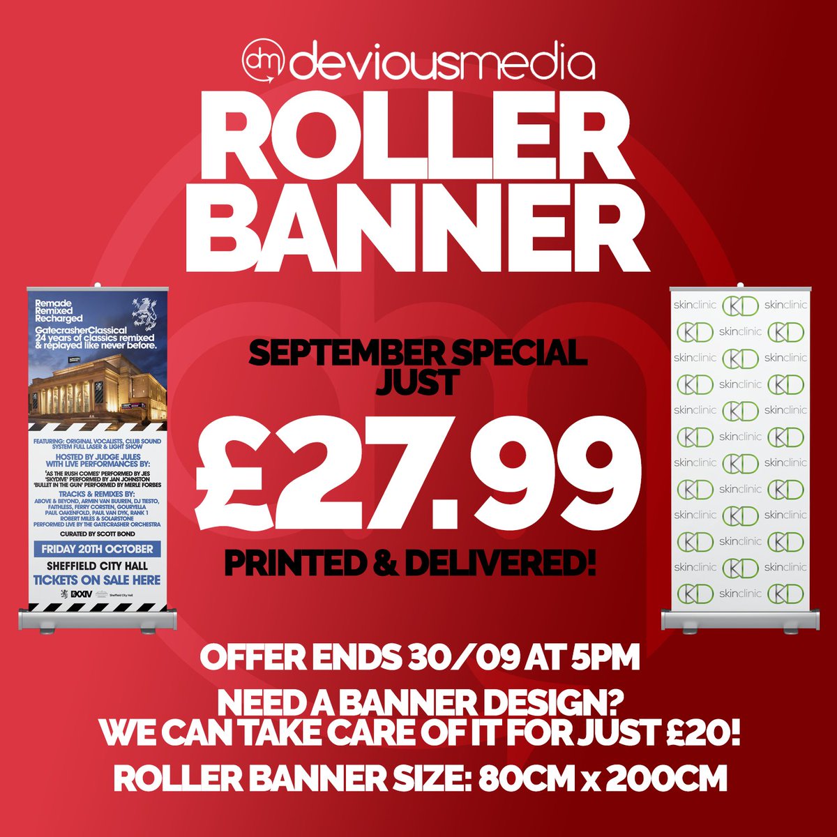 DeviousMediaUK's tweet photo. We have a last minute September deal on our amazing ROLLER BANNERS! All our roller banners come with a carry case, printed and delivered to your door for just £27.99! (usually £38.99). 😲

#printdesign #graphicdesign #printing #advertising #marketing #designforprint #design https://t.co/MPeyf9EosA