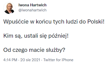 No to właśnie ustalono. Pani <a href="/iwonahartwich/">Iwona Hartwich</a> chciała wpuścić do Polski osoby powiązane z Państwem Islamskim oraz absolwentów kursów wojskowych Federacji Rosyjskiej.